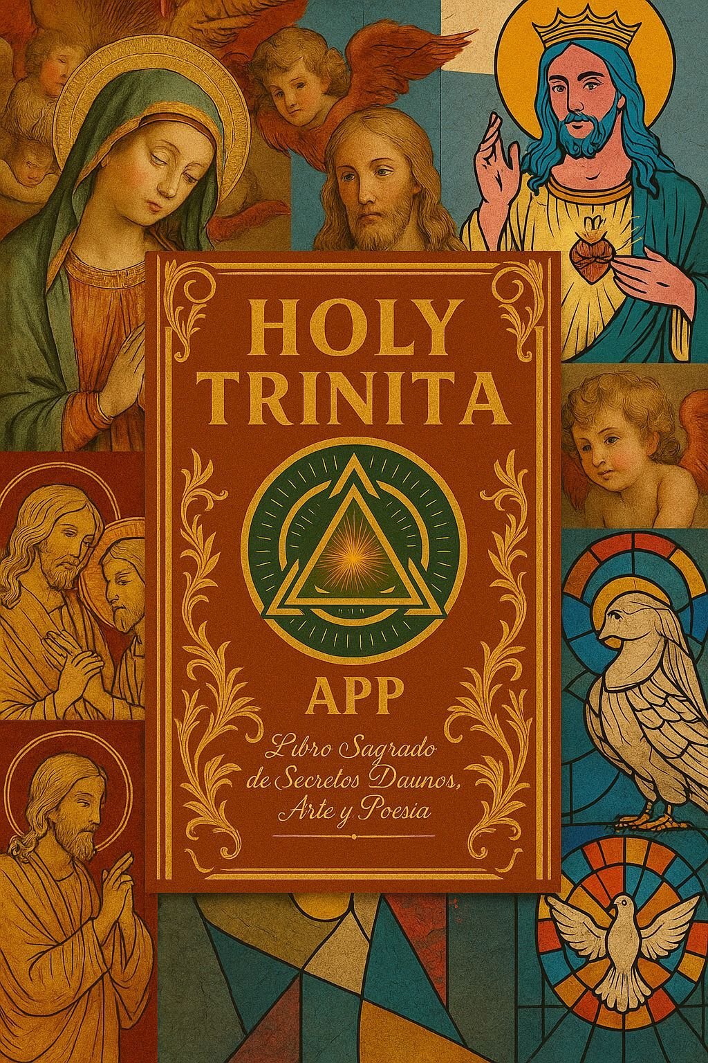 Book cover of Holy Trinita APP featuring ornate religious artwork with saints, angels, and a glowing triangle symbol on tan background