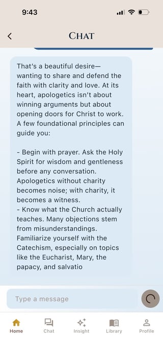 Screenshot of a mobile chat interface showing a message about Christian apologetics with guidance on prayer, charity, and church teachings.