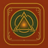 Golden triangle with all-seeing eye symbol centered in circle, ornate red and gold decorative frame on rust background