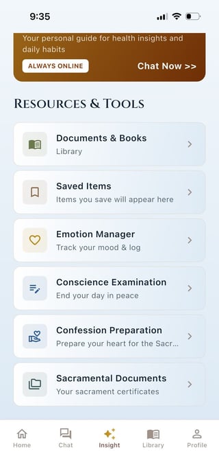 Mobile app interface showing Resources & Tools menu with options for Documents, Saved Items, Emotion Manager, Conscience Examination, Confession Preparation, and Sacramental Documents