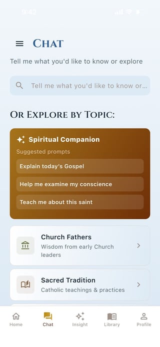 Chat app interface with search bar, Spiritual Companion topic card with suggested prompts, and navigation menu showing Church Fathers and Sacred Tradition options