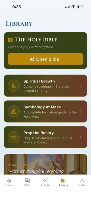Library app interface showing The Holy Bible, Spiritual Growth, Symbology at Mass, and Pray the Rosary content cards with navigation menu at bottom