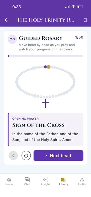 Guided Rosary app interface showing rosary beads progress tracker and opening prayer Sign of the Cross on purple themed screen